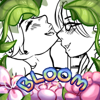 Full-body lineart of two characters inside a bar. The character on the left is sitting on top of a pool table, their arms on the other character's shoulders, one foot hooked around the man's leg. Their head is thrown back, laughing. They're wearing a short dress. The character on the right is standing by the table, slightly leaning forward toward the other character, one hand on their thigh. He's smiling. He's wearing a button-up shirt with rolled up sleeves and jeans. In the background to the right you can see two other characters from behind, close to each other, laughing and talking, sitting by the bar.