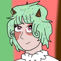 My character Spumoni drawn from the thigh up with a hand on his hip. He has light skin, light green hair, two small grown horns growing out of his forehead, a third from the back of his head. There are sprinkles in his hair and on his shirt. His shirt is brown and white, and he's wearing reddish pink trousers. He's smiling.