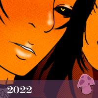 My character Reidun drawn from the waist up, sitting down. He has orange skin, black hair and black ram horns. His right eye is black, the left yellow with a black sclera. He looks disdainful, a hand propped against the side of his head. He's wearing a black t-shirt over a mesh shirt with long sleeves.