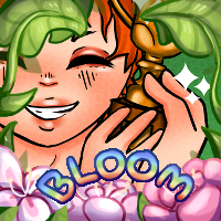 A character drawn from the waist up. She has light skin and red hair in a ponytail, wearing a blue sports shirt. She's holding a trophy next to her face, grinning with closed eyes.