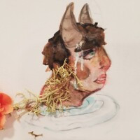 A furry character with white fur, cat ears and tail sitting on a wooden pier on the right. Their feet are submerged in the water. They look a bit distressed. On the left is my character Myka's head coming out of the water, moss and a flower caught on her head. Myka has brown horns, brown hair and skin light pink skin with brown spots. Myka's expression is neutral.