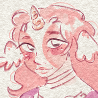 a pink character with a short unicorn horn from the bust up.