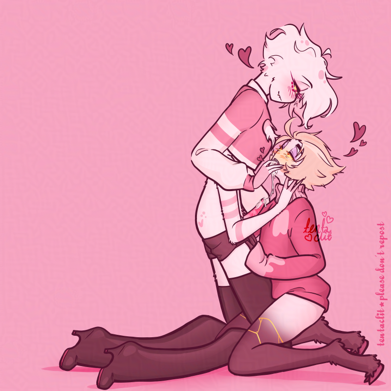 Lucifer and Angel Dust standing on their knees, Lucifer dressed in his season 2 sweater, Angel in his early season 2 outfit, his shorts pulled down. Angel's thigh is pressed between Lucifer's legs, a finger pushing down on Lucifer's cum-covered tongue as they look into each other's eyes, a string of cum connecting Lucifer's lips with Angel's dick.