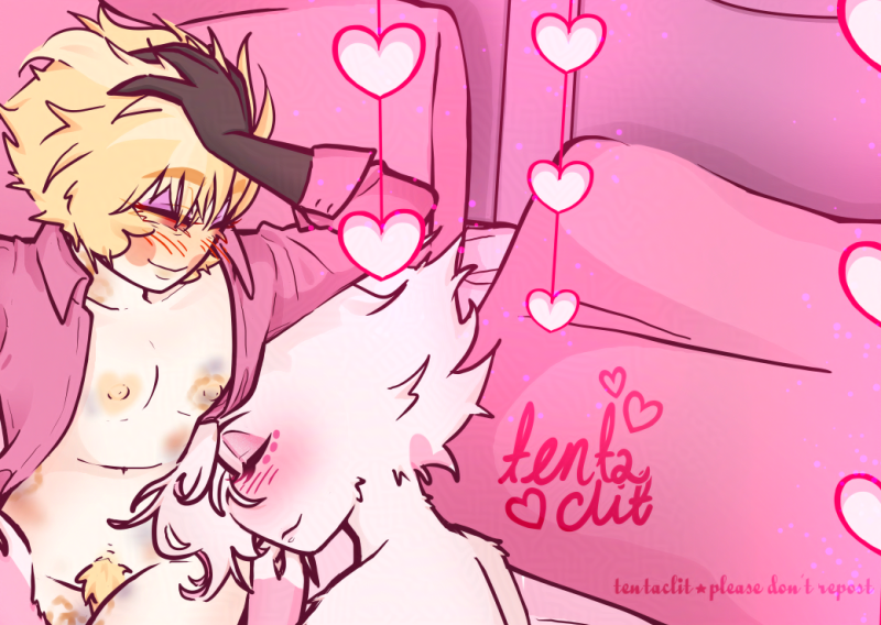 Lucifer looks down at Angel with a smile, Angel snuggled up against him.