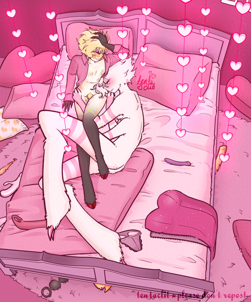 Lucifer sits up in a bed in a very pink bedroom, Angel lying down snuggled up against him, his arms around him, legs a mess around each other. Lucifer has a hand in his hair, looking down at Angel with a smile, covered in bitemarks and hickies.