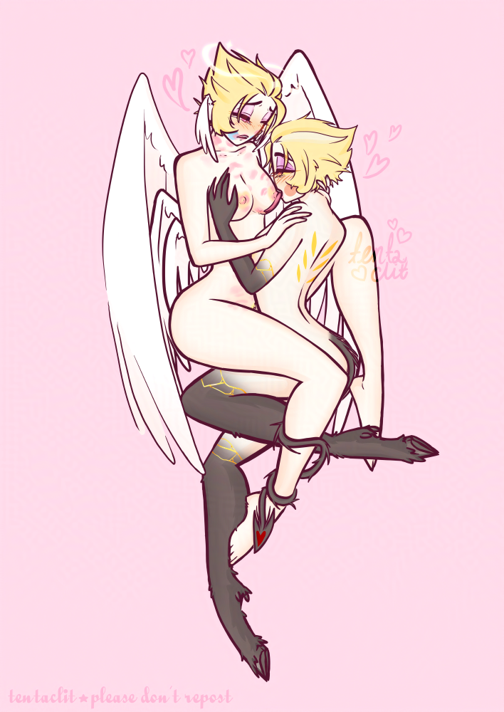 Regular Lucifer cupping one of angel Lucifer's boobs, licking the other, pressed between angel Lucifer's legs, his tail wrapped around one of his legs. Angel Lucifer has one hand on Lucifer's shoulder, the other in his hair at the nape of his neck.