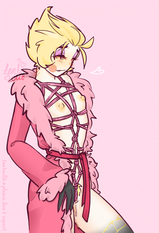 Lucifer in his bathrobe, parted, showing off the rope he's tied with undferneath.