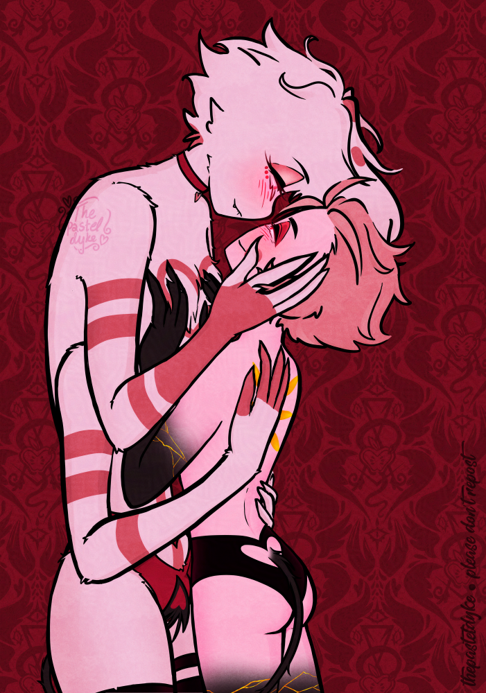 Lucifer and Angel Dust standing chest to stomach, Lucifer's hands on Angel's chest. Two of Lucifer's hands are on Lucifer's back, a third on his cheek. Lucifer's tail is wrapped around Angel's leg, the tip of it resting against Angel's crotch. They're wearing underwear, Angel's red, Lucifer's black, both with heart coutouts.