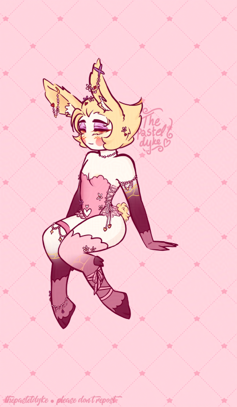 Digital drawing of Lucifer from Hazbin Hotel, with bunny ears, tail and feet, dressed in a pink bunny suit with heart cutouts above the crotch, sheer fabric around his legs, flowers and hearts littered across his outfit.