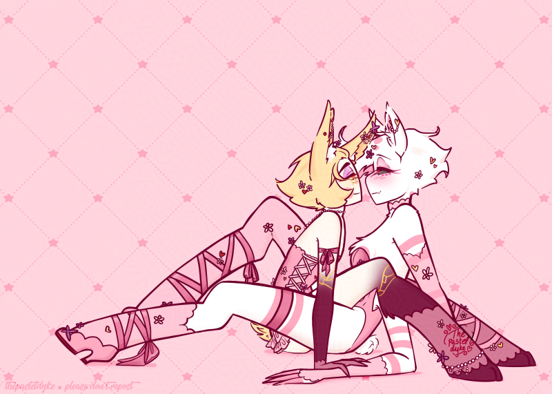 Digital drawing of Lucifer and Angel Dust from Hazbin Hotel, dressed in pink bunny suits with heart cutouts. Both have bunny ears and tails, Lucifer has bunny feet. They're sitting on the ground, face to face, between each other's thighs, looking into each other's eyes and smiling.