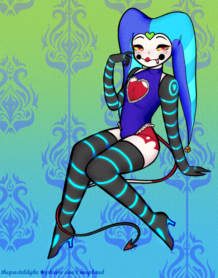 The same image as the one directly above but the bodysuit is dark blue, his jester hat is blue and turquoise.