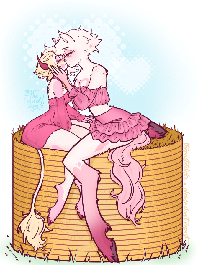 Lucifer as a cow and Angel Dust as a horse sitting on a hay bale, nearly kissing. Lucifer's hand is on Angel's thigh, Angel cupping Lucifer's cheeks. Lucifer is wearing a pink dress, Angel a pink top and skirt.