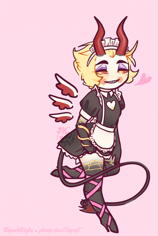 Digital drawing of chibi style Lucifer from Hazbin Hotel dressed as a maid, with his horns and tail out, miniture wings behind him, his snake around his arm. He's lifting his skirt up with one hand, the other on his thigh.