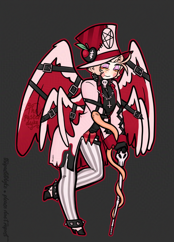 Chibi Lucifer leaning on a skull-topped cane, his snake slithering off the cane and onto his arm. He's dressed in the outfit from the hot topic shirt.