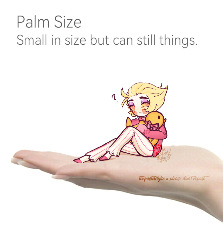 A tiny Lucifer chibi sitting on someone's hand, a duck plushie in his arms (the hand is a photograph).