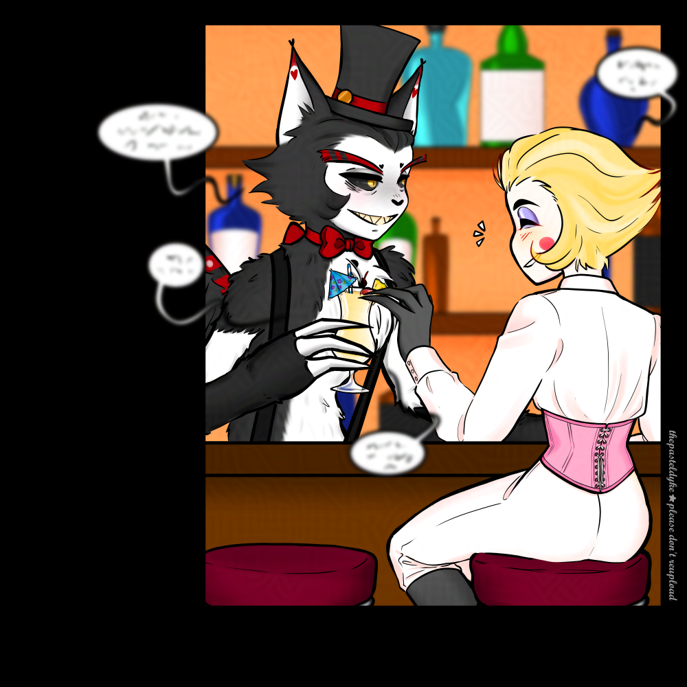 Husk handing Lucifer a drink, they're talking, but the speech bubbles are blurred so you can't see what they're saying.