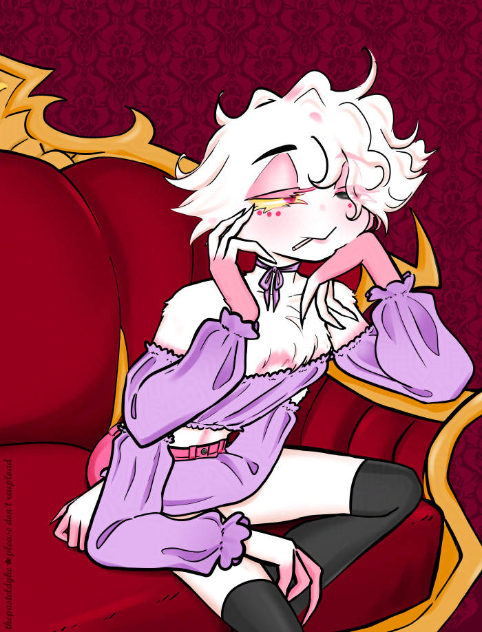 Angel Dust sitting on a couch, cheek propped up against the back of a hand, the end of a lollipop sticking out of his mouth.