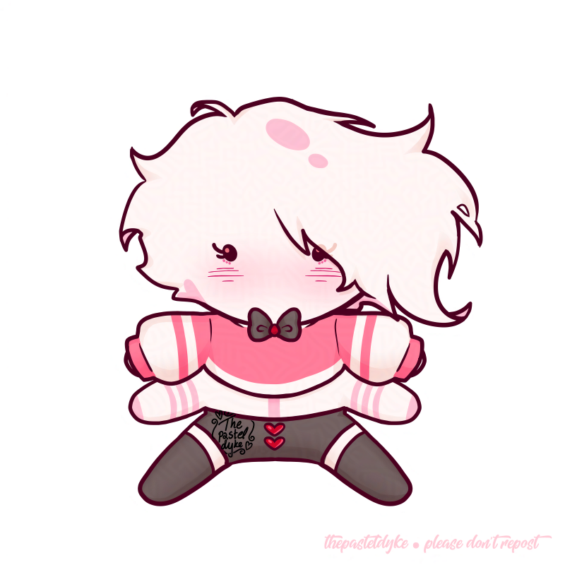 Chibi Angel Dust standing with his legs and arms out, dressed in his sweater from season 2.