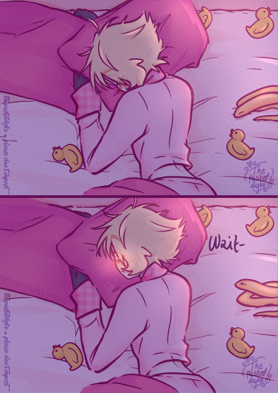 Two panels, the top one of Lucifer sleeping in bad. In the second panel he lifts his head, blush glowing in the dark, text that says 'wait' next to him.