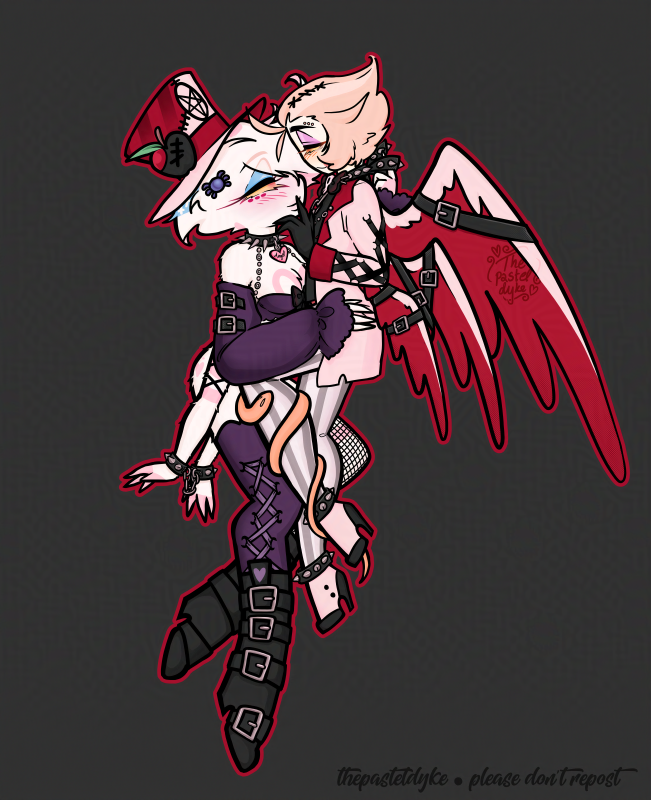 Semi-chibi drawing of Angel Dust and Lucifer, close to each other, dressed in their Hot Topic emo outfits. Lucifer's finger rests against Angel's lips, one of Angel's hands on his ass, another playing with the bow at the back of his collar. His bottom hands are cuffed behind his back. Lucifer's snake is wrapped around his leg.