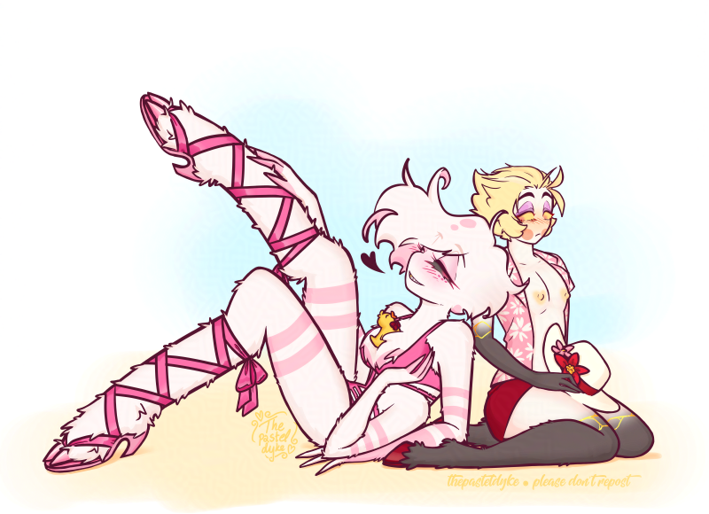 Angel and Lucifer on the beach, Angel in a pink swimsuit, leaning back against Lucifer as he's got one hand on his raised leg, another pushing up his fluff. One of Lucifer's rubber ducks is nestled in his fluff. Lucifer sits behind him, cheeks flushed as he stares at the duck in Angel's fluff, his hat in his lap.