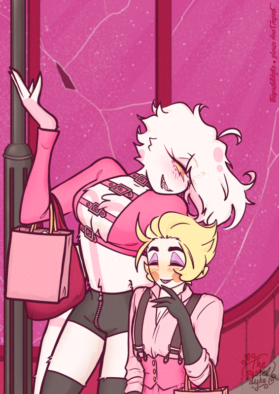 Angel Dust and Lucifer fairly early into a shopping spree date, Angel leaning down a little to say something to Lucifer, who laughs at whatever he says.