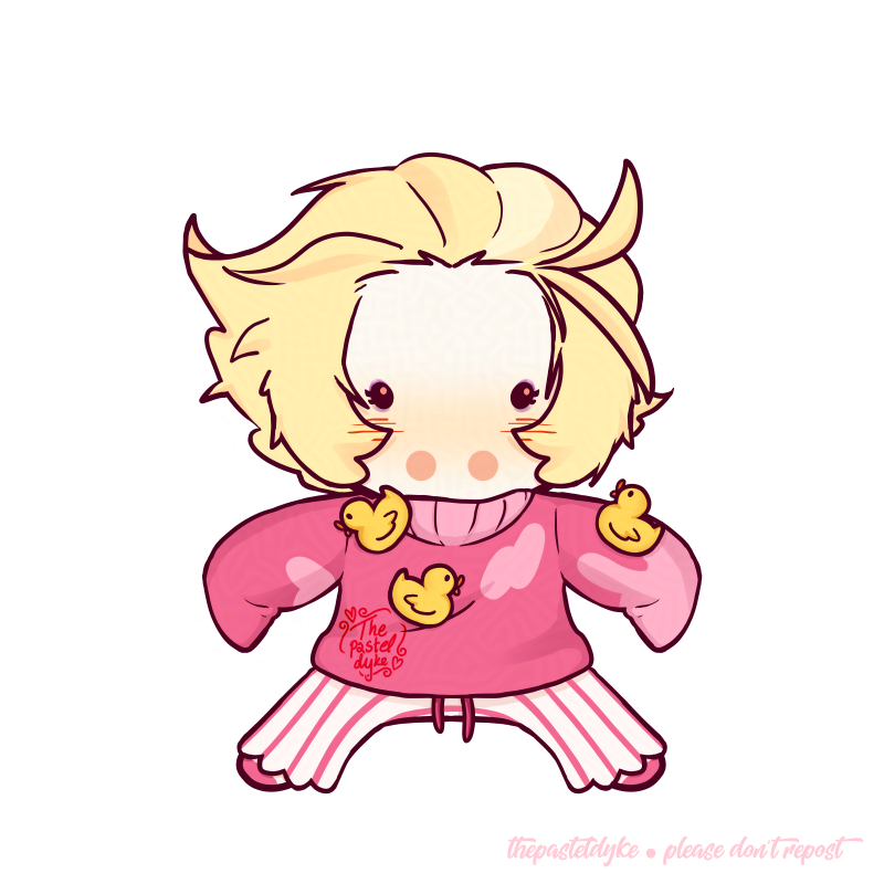 Chibi Lucifer standing with his legs and arms out, dressed in his sweater and pj bottoms, rubber ducks stuck to his shirt.