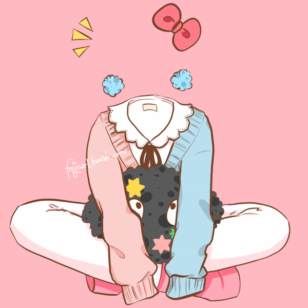 Invisible Hagakure sitting down crosslegged with a soot sprite from studio Ghibli in her lap, wearing white trousers, pink platform shoes, a cardigan that is light pink on the left half, light blue on the right half, a frilly blouse underneath, tied with a ribbon at the neckline. She's wearing blue pompom earrings and a red ribbon on her head. The background is a solid light pink.