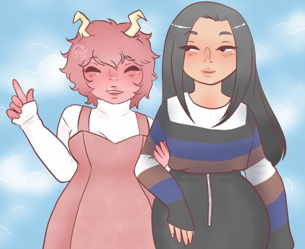 Mina and Momo from the upper thigh and up facing forward, Mina's left arm is looped in Momo's right arm, holding on to it, her right arm up, bent at the elbow as she gesticulates, currently with her pointer finger pointing up. Momo's left arm is down. Momo's hair is hanging loose down her back, she is wearing a longsleeved shirt with blue, white, black and brown stripes, and a black pencil skirt with a zipper down the front. Mina is wearing a white longsleeved turtleneck under a pink dress with wide shoulder straps. There's a blue sky with white coulds behind them.