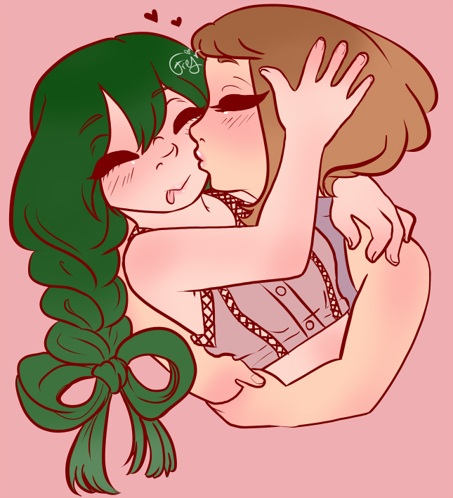 Tsuyu and Ochaco from the waist up, Ochaco's boddy mostly hidden by Tsuyu as she hugs her from behind, kissing her on the cheek. Tsuyu is wearing a sleeveless dusty-pink top with netting at the arm holes and the front center of the top, going vertically, the shirt closed with buttons down the center. Ochaco is wearing a sleeveless grey turtleneck haltertop. Tsuyu's hair is braided and tied into a ribbon at the bottom. Both girls eyes are closed and Tsuyu's tongue is sticking out. Tsuyu is holding the side of Ochaco's face. The background is a dusty-pink.
