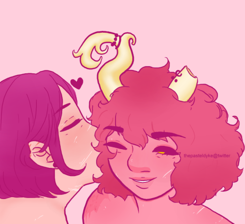 Momo and Mina as adults from the shoulders up, Momo in sideview, Mina in 3/4 view. Momo's hair is cut short below her ears, Mina's is a little longer. Mina's horns have grown swirlier, she has bracelets around her right horn, piercings in her left. Momo's nose and lips are buried in Mina's curly hair, eyes closed, giving her a kiss. Mina's eye on the side Momo is kissing is closed, her other barely open while she smiles. The lines and Momo's hair are in purple rather than black. The background is a solid light pink.