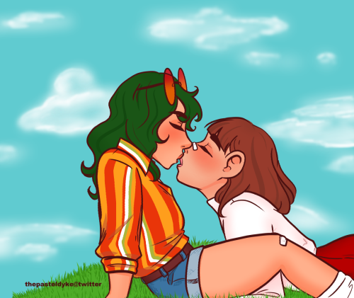 Tokage an Komori, Tokage from the ankle up, Komori from the hip up, side view. Tokage is sitting up, propped up on her arms, legs bent at the knee. Komori is lying on her stomach, propped up on her elbows, leaning up toward Tokage, Tokage is leaning down toward Komori. Both their eyes are closed, their mouth slightly open, about to kiss. Tokage is wearing a yellow button down shirt with orange, white and green vertical stripes and cuffed jean-shorts and a brown belt. She's got sunglasses on her forehead that go ombré from red to yellow. Komori is wearing a white turtleneck and a red pencil skirt, a plaster across her nose. They're sitting on a grassy hill with blue sky with white clouds behind them.