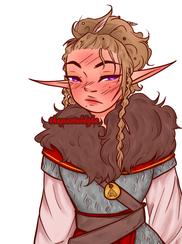 Character name: Lynphie Wynbalar, Lyn for short. Lyn has light skin that is red from the cold and sun at the tips of her very long pointy ears, her nose, cheeks and forehead. She is a high elf. She has a mole under her left eye, on her left cheek, on the inner corner of her right eye and on the right side under her bottom lip. Her hair is a light brown, mostly up in a wild polytail with pearls and feathers. A chest-length braid comes down in front of her left ear and an even longer braid behind her right. She's wearing chainmail, a loose offwhite shirt underneath. A short red shoulder-cape and grown fur are wrapped around her shoulders. Leather straps wrap from her shoulder to her waist and around it, a red piece of fabric around one hip. Around her neck is an amulet with the symbol for the goddess Boldrei.