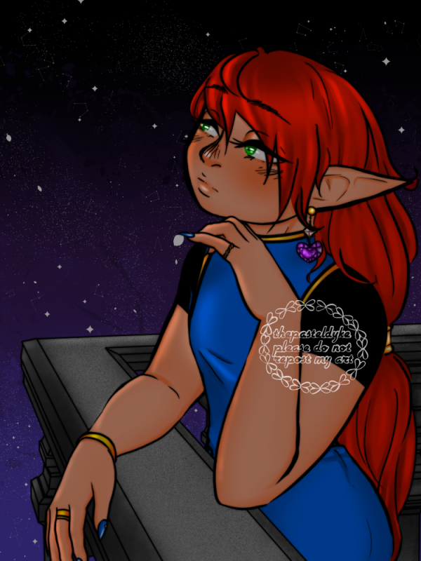 Character name: Ayunadir. Ayunadir has long red hair and light skin, his eyes bright green. He's got long ears, a single earring hanging from his left ear. It's a large purple heartshaped gem. He's wearing a blue dress with gold trim, a tight black shirt underneath with sleeves that end at the bicep. He's standing outside, looking at the starry sky, one hand resting on the railing of the balcony, the other against his face. This is a redraw of an image I drew in 2007.