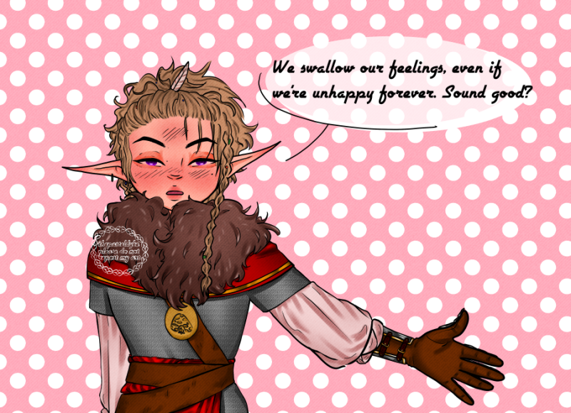 Character name: Lynphie Wynbalar, Lyn for short. Lyn has light skin that is red from the cold and sun at the tips of her very long pointy ears, her nose, cheeks and forehead. She is a high elf. She has a mole under her left eye, on her left cheek, on the inner corner of her right eye and on the right side under her bottom lip. Her hair is a light brown, mostly up in a wild polytail with pearls and feathers. A chest-length braid comes down in front of her left ear and an even longer braid behind her right. She's wearing chainmail, a loose offwhite shirt underneath. A short red shoulder-cape and grown fur are wrapped around her shoulders. Leather straps wrap from her shoulder to her waist and around it, a red piece of fabric around one hip. Around her neck is an amulet with the symbol for the goddess Boldrei. She's wearing leather gloves and bracers around her forearms. She's got her arm out as she speaks; We swallow our feelings even if we're unhappy forever. Sound good?