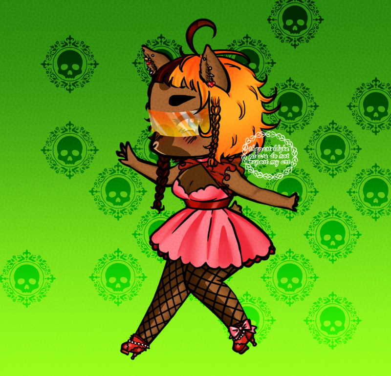 Character name: Saga. This is a chibi drawing of Saga in her myumon form. Saga has brown fur and hair that is split down the middle so the right half is orange and the left half is black. Her hair is a shaggy wolfcut with a long braid going down in front of her left ear, a shorter one in front of her right. She has moose ears and a moose tail. She has greenblue eyes and long nails. She's wearing a pink dress with cleavage, a wide red belt at her waist, fishnet stockings and highheeled red boots with a string of pearls and a bow. She's also wearing sunglasses that fade from orage to yellow.