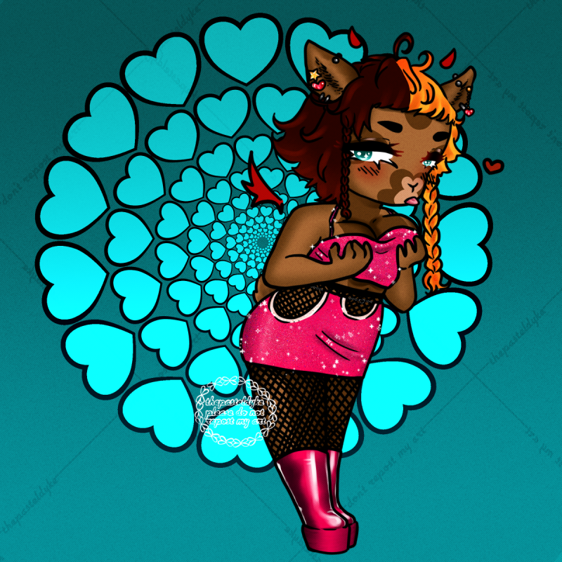 Character name: Saga. This is a chibi drawing of Saga in her myumon form. Saga has brown fur and hair that is split down the middle so the right half is orange and the left half is black. Her hair is a shaggy wolfcut with a long braid going down in front of her left ear, a shorter one in front of her right. She has moose ears and a moose tail. She has greenblue eyes and long nails. She's wearing a sparkly hot pink set consisting of a tubetop and a short skirt with cutouts in the front and sides, fishnet stockings and hot pink vinyl platform boots. She's grabbing her own boobs, sticking her tongue out.