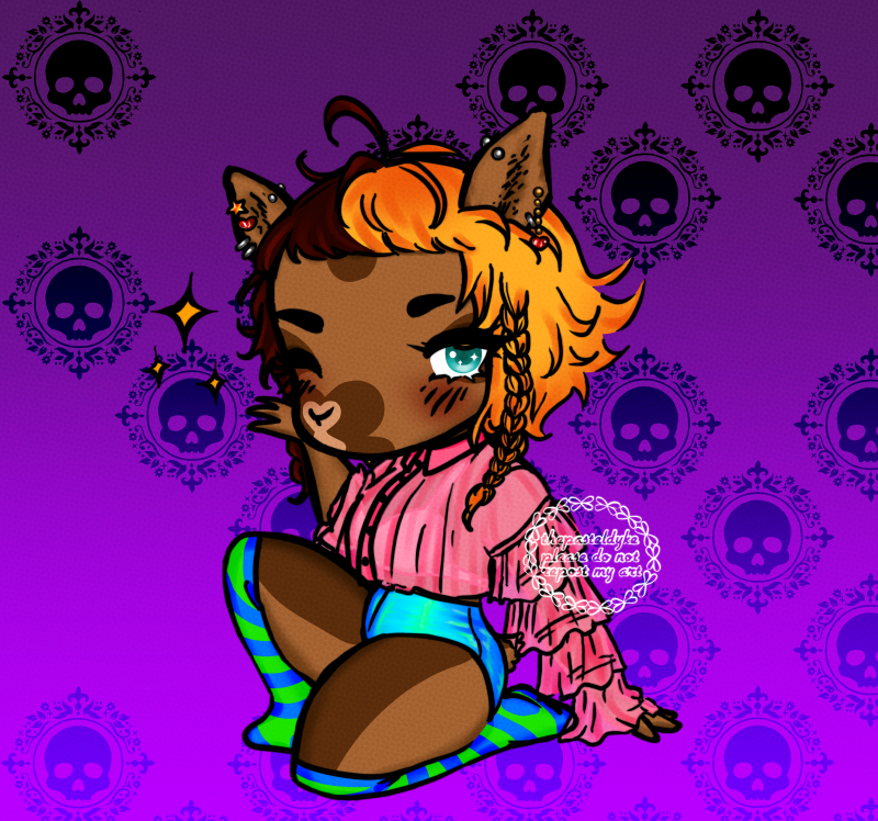 Character name: Saga. This is a chibi drawing of Saga in her myumon form. Saga has brown fur and hair that is split down the middle so the right half is orange and the left half is black. Her hair is a shaggy wolfcut with a long braid going down in front of her left ear, a shorter one in front of her right. She has moose ears and a moose tail. She has greenblue eyes and long nails. She's wearing a sheer frilly pink shirt with a white bra undewneath, shiny blue bootyshorts with green highlights and gren and blue stiped overknee socks. She's sitting down, one leg folded underneath her, the other drawn up to her chest. One hand is propped up against her cheek while the other leans against the ground.