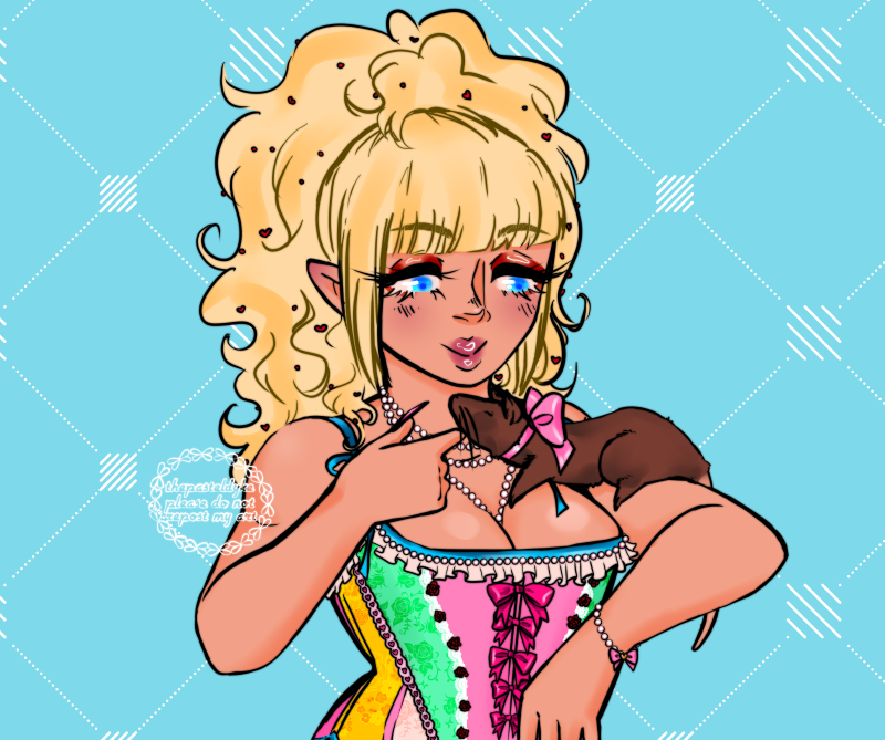 Character name: Tiffany. Tiffany has light blonde hair put up in a big and high ponytail, that is very fluffy. She has light skin and bright blue eyes. She's got one arm raised where a brown rat sits with its hind legs on her upper arm, its front legs on her chest. With her other hand she's scratching the rat on the chin. She's wearing a corset that has panels in pink, green and gold, lace trim along the top and pink ribbons going down the front. She's wearing pearls around her neck, wrist and in her hair.