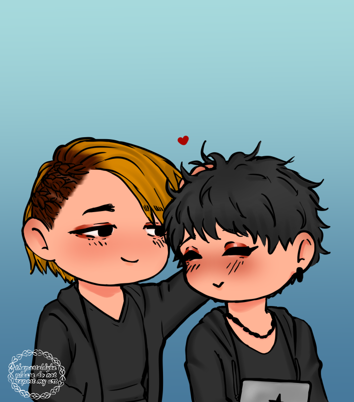 Chibi drawing of Misu and Amane from The Messiah Project. Misu is patting Amane on the head, Amane holding his laptop. They're both smiling, Amane's eyes closed.