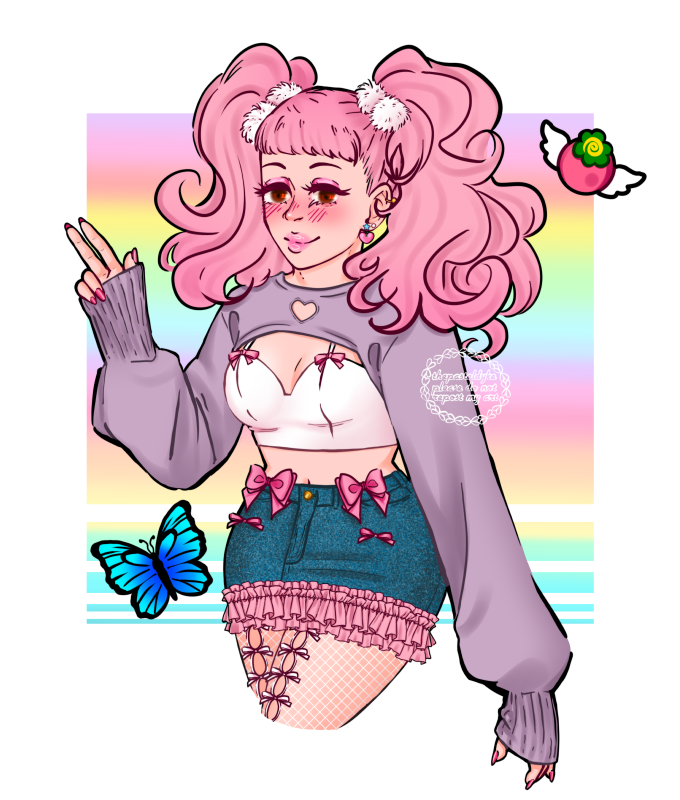 Miwako from Paradise Kiss from the thigh up. Her right hand is up to flash a peace sign as she smiles. She's wearing a white cropped bustier under a lilac chestless sweater with a heart cutout, as well as a jean mini-skirt with pink frills and bows. The Happy Berry logo and a blue butterfly are next to her. Her hair is up in pigtails.