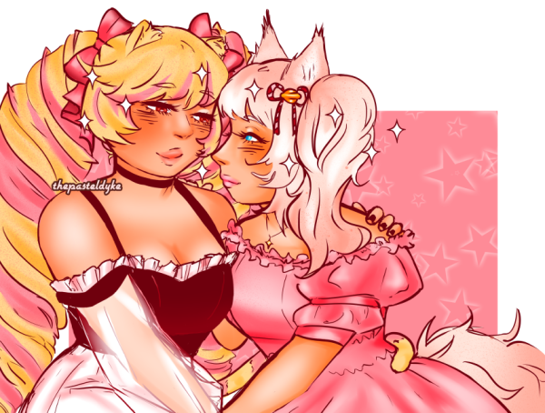 Himeko and Howan are sitting next to each other, bodies close. They're holding hands outside of the bottom of the frame, Their other hands on each other's shoulders. They're looking lovingly at each other. Himeko is wearing a white off the shoulder dress with sheer sleeves, a black corset top on top. Howan is wearing a pink off the shoulder dress with puffy sleeves. The background is white with a pink box behind them. White stars are scattered in the pink box.