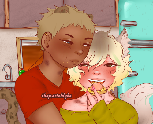 Image of Rom and Shuzo, frm the chest up. They're looking happy and comfortable, Shuzo in the middle of taking a bite of a sandwich, Rom with crumbs on his face, already having taken a bite from the same sandwich. Shuzo's roots are growing out, and they both have a bunch of hickies on their necks. Rom is wearing a red v-neck t-shirt, Shuzo is wearing an olive-green shirt with a wide neck that slips off his shoulder. Shuzo's shoulder and part of his back is pressed against Rom's chest, Rom's left hand rests on the back of Shuzo's neck. They're in a kitchen, a sunrise visible through a window behind them.