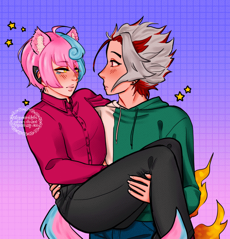 Joe carrying 661 (Roroy), looking a bit startled. 661 looks mostly deadpan but is slightly blushing. 661 is wearing a dark pink shirt and black trousers, Joe is wearing a green and white hoodie and jeans. Stars are blinking around them.