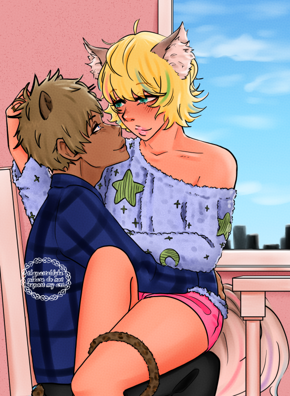 Shuzo sitting in Rom's lap, his legs to the side of him. One of his legs is pulled up, foot propped up on the chair they're on. His hand is in Rom's hair. Rom's hands are around Shuzo's hips, his tail wrapped around Shuzo's thigh. They're smiling and looking into each other's eyes, the sky blue outside the window behind them.