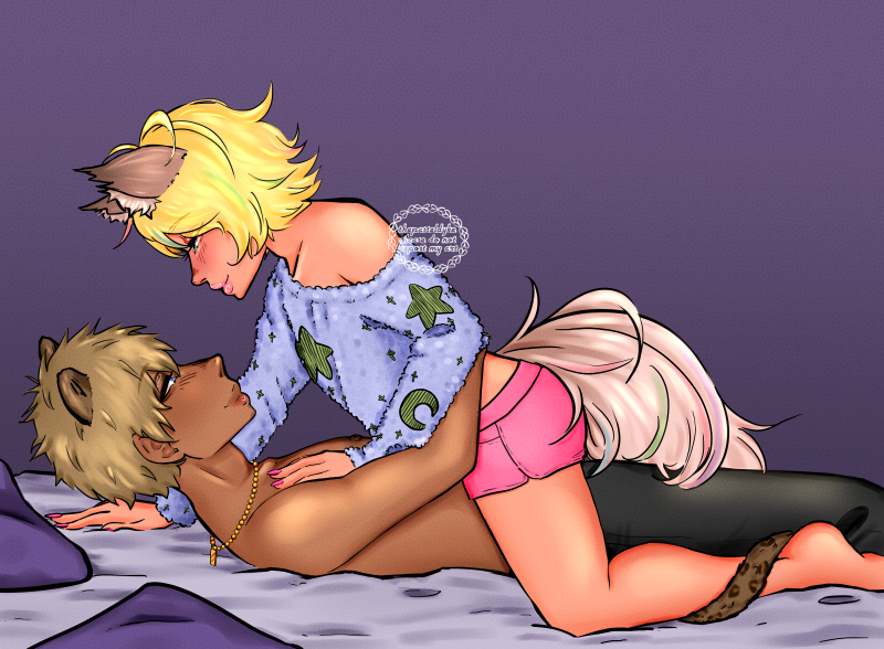 From the side. Rom is lying on his back on a bed, his head raised toward Shuzo, who's straddling him. His visible hand is sliding up the back of Shuzo's shirt. One of Shuzo's hands is on Rom's chest, the other beside his head. Rom's tail is wrapped around Shuzo's calf. They're dressed in the same clothes as above, which now includes pink shorts for Shuzo and black sweats for Rom. They're smiling.