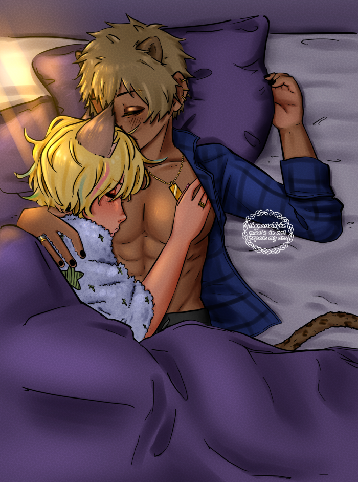 From above. Rom lying on his back in bed, one hand level with his face, his other hand wrapped around Shuzo's shoulders. Shuzo is sleeping with his face and hand on Rom's chest, Rom's nose and mouth buried in his hair. Their lower bodies are covered in purple blankets. Rom is wearing an unbuttoned blue flannel shirt, Shuzo is wearing a light blue shirt with light green embroidery of stars and a moon. They're both wearing rings on their ring fingers. They're mostly in the dark, warm light filtering through a window to their right.