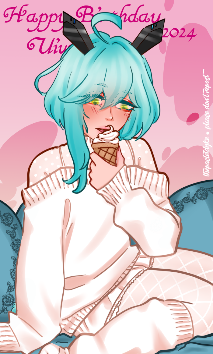 Uiui from Show By Rock!! Uiui has bue hair, a fluffy blue rabbit tail and mecha-like black bunny ears. She's sitting down, eating soft serve ice cream, wearing a soft white sweater over a sheer white polkadot shirt, a white skirt and white stockings. She's sitting amongst blue pillows and blankets. Behind her is text that reads 'Happy Birthday Uiui 2024'.