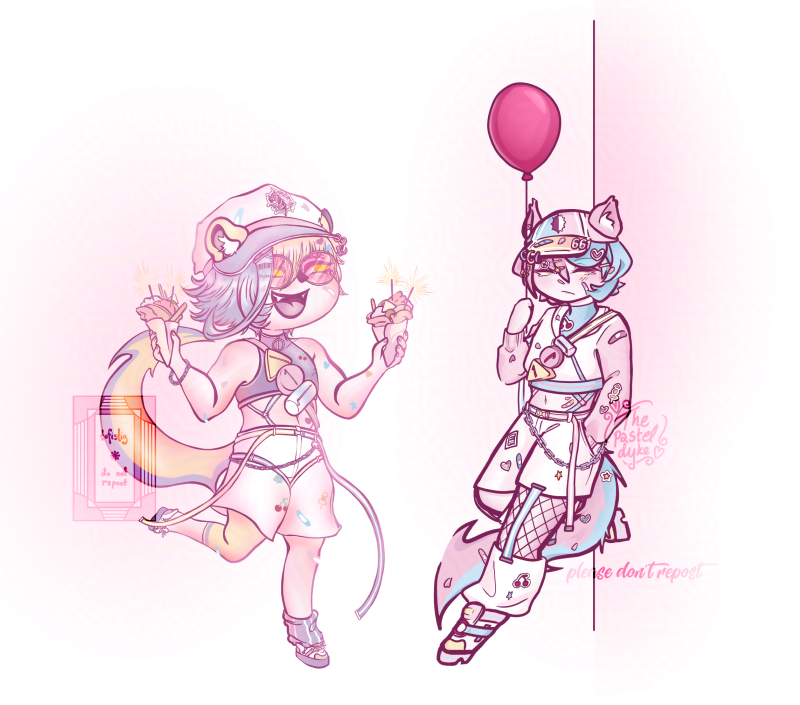 Digital chibi drawing 659 and 661 from Show By Rock!! in their sakura outfits. 659 has crepes with sparkles in them in both hands, grinning as he's running over to 661. 661 is leaning against a wall, one hand in his pocket, holding a balloon in the other.