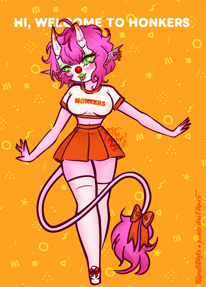 A pink clown wearing an orange mini skirt and a croptop that says 'honkers' on it, sticking out her tongue.